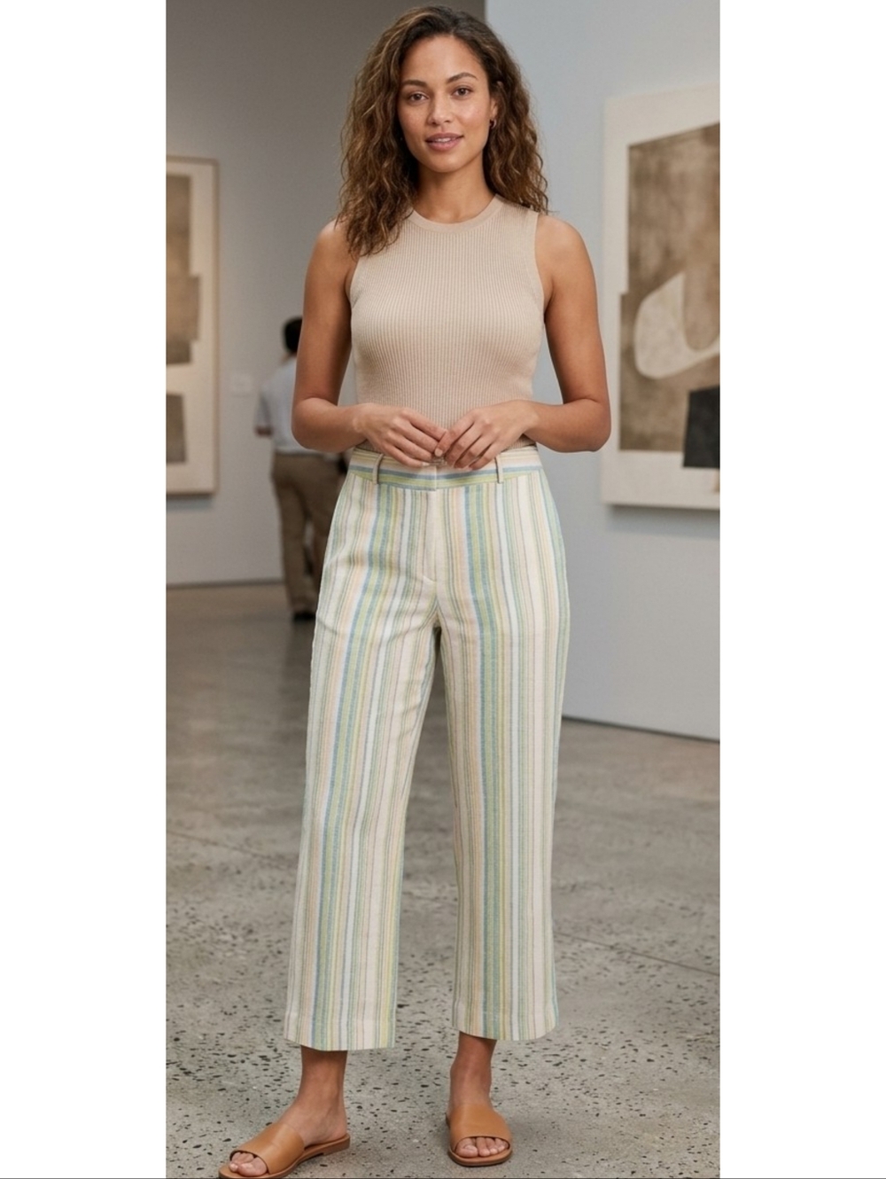 Pantology Linen Striped Crop Pants Off White Size 8